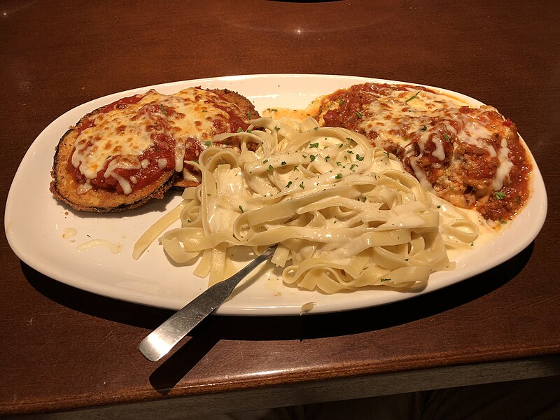 File:2019-08-17 21 44 43 "Tour of Italy" (Lasagna Classico, Fettuccine Alfredo, and Eggplant Parmigiana (substituted for the usual Chicken Parmigiana)) at the Olive Garden in Fair Lakes, Fairfax County, Virginia.jpg