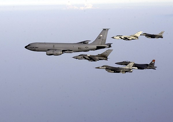 A KC-135 Stratotanker leads a formation of an F-15 Strike Eagle, two F-16 Fighting Falcons and two British GR4 Tornados