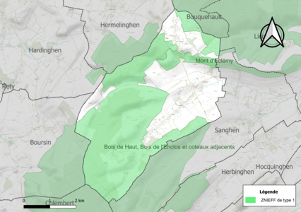 Carte des ZNIEFF de type 1 sur la commune.