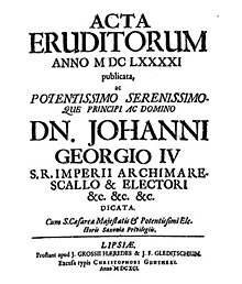 Titelblatt der bei Johann Friedrich Gleditsch erscheinenden Leipziger Acta Eruditorum (Quelle: Wikimedia)