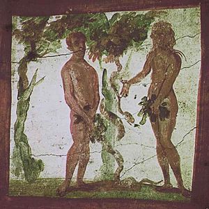 An earlier catacomb wall art, depicting Adam and Eve from the Old Testament.