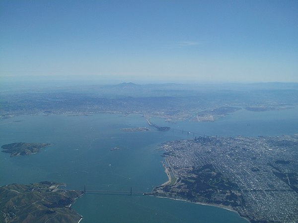 Aerial view of Golden Gate and the northern Bay, looking east from the Pacific