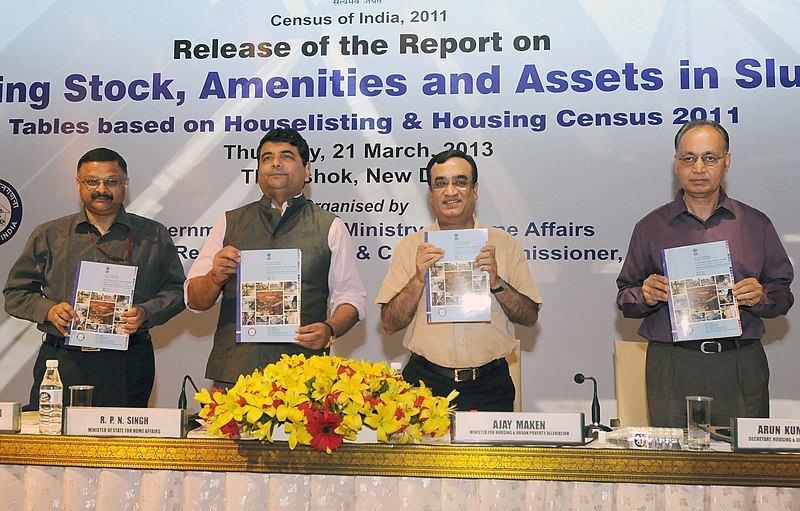 File:Ajay Maken releasing the Slum Report on ‘Housing Stock, Amenities and Assets available in Slums’, based on House listing & Housing Census, 2011, in New Delhi. The Minister of State for Home, Shri R.P.N. Singh.jpg