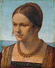 Portrait of a Young Venetian Woman, 1506, oil on poplar, 28.5 × 21.5 cm, Gemäldegalerie, Berlin (557G). The simple background suggests the sea