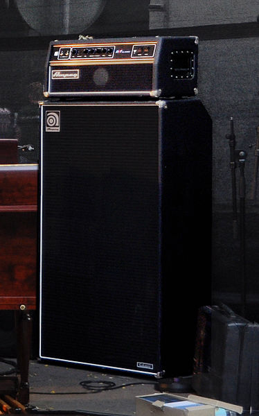 An Ampeg SVT cabinet with eight 10" speakers, with a separate Ampeg SVT amplifier "head" on top.