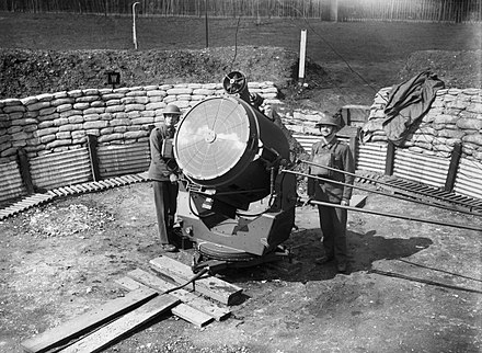An anti-aircraft searchlight and crew at the Royal Hospital Chelsea, 17 April 1940