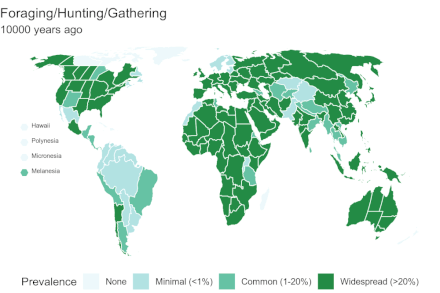 A global map illustrating the decline of foraging/fishing/hunting/gathering around the world.[2]