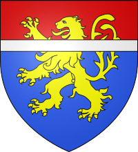 Coat of arms of Robert Hastang, Lord of La Desiree, Azure, a chief gules, over all a lion rampant fourcheee or, overall a barrulet in chief argent. Arms of Robert Hastang in 1301.svg