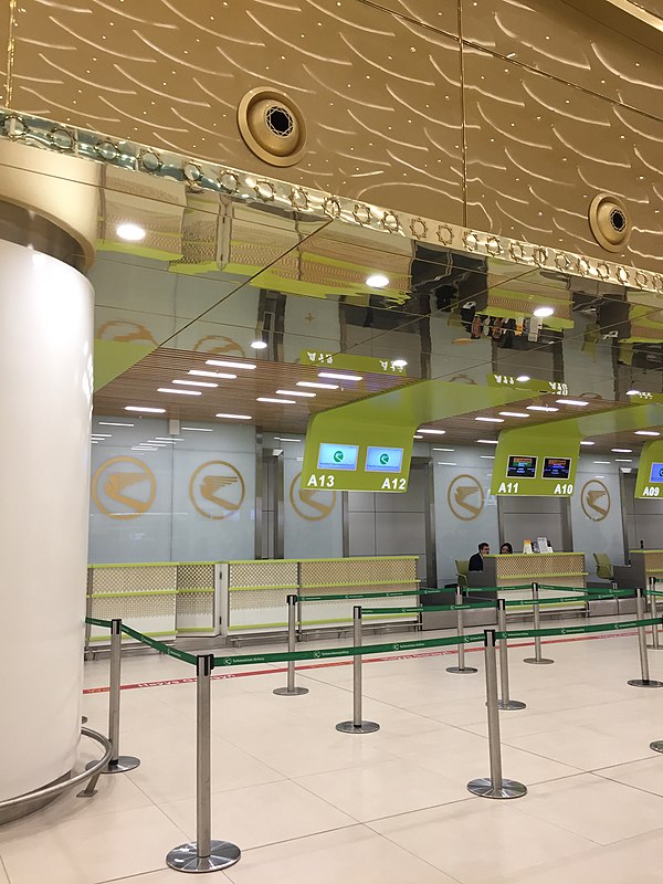 Airline check-in counters at the Aşgabat International Airport
