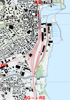 Kartenausschnitt Bahnhof Romanshorn:KR: SBB nach KreuzlingenRS: SBB nach RorschachSG: SOB nach St. GallenWF: SBB nach Weinfelden