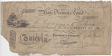 A commissary banknote fraudulently altered from PS1 to PS20 Bank of Van Diemen's Land Fraudulent Banknote.jpg