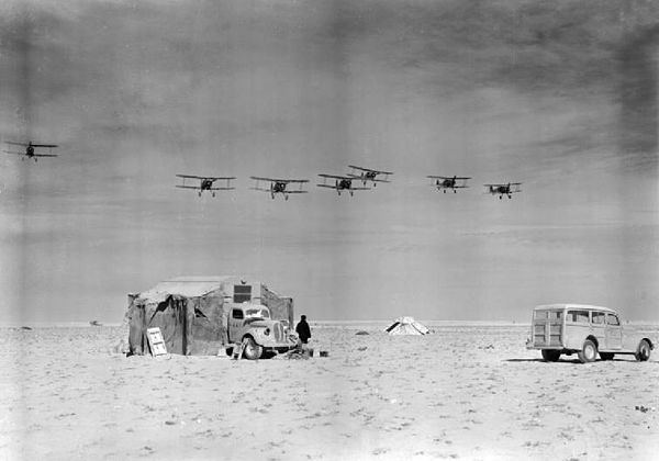 Gloster Gladiator biplane aircraft from No. 3 Squadron RAAF, returning to a landing ground near Sallum, after a patrol over Bardia.