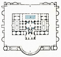 На плане: 1-Caldarium; 2-Tepidarium; 3—Помещения с холодными ваннами(Frigidarium); 4—Natatio; 5-Palaestra; 6—Вход; 7-Экседра