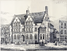 December 1888 sketch of the proposed library; when built, the octagonal turret was extended to the second story Battersea Central Library - line drawing, 1888 (retouched).png