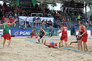 Deutsch: Beachhandball Europameisterschaften 2019 (Beach handball Euro); Tag 6: 7. Juli 2019 – Spiel um Platz Drei, Männer, Ungarn-Russland 2:0 (26:20, 23:22) English: Beach handball Euro; Day 6: 7 July 2019 – Men's Bronze Medal Match – Hungary-Russia 2:0 (26:20, 23:22)