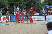 Deutsch: Beachhandball Europameisterschaften 2019 (Beach handball Euro); Tag 3: 4. Juli 2019 – Männer, Platzierungsrunde Gruppe IV, Rumänien-Portugal 2:0 (15:14, 25:24) English: Beach handball Euro; Day 3: 4 July 2019 – Men Consolation Round Group IV – Romania-Portugal 2:0 (15:14, 25:24)