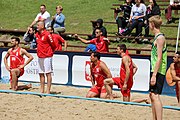 Deutsch: Beachhandball Europameisterschaften 2019 (Beach handball Euro); Tag 6: 7. Juli 2019 – Platzierungsspiele Rang 13-16 Männer, Rumänien-Serbien 2:0 (21:18, 22:20) English: Beach handball Euro; Day 6: 7 July 2019 – Placement Match 13–16 Men – Romania-Serbia 2:0 (21:18, 22:20)