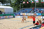 Deutsch: Beachhandball Europameisterschaften 2019 (Beach handball Euro); Tag 2: 3. Juli 2019 – Frauen, Vorrunde Gruppe C, Spanien-Griechenland 2:1 (12:20, 18:16; 8:2) English: Beach handball Euro; Day 2: 3 July 2019 – Women Preliminary Round Group C – Spain-Greece 2:1 (12:20, 18:16; 8:2)