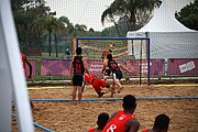 Deutsch: Beachhandball bei den Olympischen Jugendspielen 2018; Tag 6, 11. Oktober 2018; Jungen, Platzierungssspiel Ränge 11-12 – Paraguay-Mauritius 2:0 English: Beach handball at the 2018 Summer Youth Olympics at 11 October 2018 – Boys Placement Match 11-12 – Paraguay-Mauritius 2:0