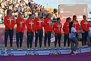 Deutsch: Beachhandball bei den Olympischen Jugendspielen 2018 in Buenos Aires; Tag 7, 13. Oktober 2018; Medaillenzeremonie Mädchen - Gold: Argentinien, Silber: Kroatien, Bronze: Ungarn English: Beach handball at the 2018 Summer Youth Olympics in Buenos Aires at 13 October 2018 – Medal Ceremony Girls - Gold: Argentina, Silver: Croatia, Bronze: Hungary Español: Handball de playa en los Juegos Olimpicos de la Juventud Buenos Aires 2018 en 13 de octubre de 2018 – Medalla Ceremonia para niñas - Oro: Argentina, Plata: Croacia, Bronce: Hungría