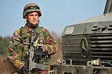 A Belgian soldier on exercise with the EU Battlegroup in Germany, 2014 Belgian soldier during Rampant Lion, EU Battlegroup 2014 II exercise in Grafenwoehr, Germany.jpg