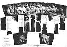 Reconstitution of the architraves, with position of five of the Kharosthi mason's marks. Bharhut ballustrades with Kharoshti mason marks.jpg