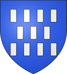 Escudo com fundo azul pontilhado de retângulos brancos.