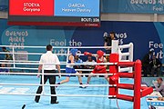 Deutsch: Boxen bei den Olympischen Jugendspielen 2018 Tag 12, 18. Oktober 2018 - Kampf um die Bronzemedaille im Fliegengewicht Mädchen – Heaven Destiny Garcia (USA, blau) schlägt Goryanana Stoeva (Bulgarien, rot) 5-0; Ringrichter ist Ishanguly Meretnyyazov (Turkmenistan). English: Boxing at the 2018 Summer Youth Olympics on 18 October 2018 – Girl's flyweight Bronze Medal Bout - Heaven Destiny Garcia (USA, blue) beats Goryanana Stoeva (Bulgaria, red) 5-0; Referee is Ishanguly Meretnyyazov (Turkmenistan). Español: Boxeo en los Juegos Olímpicos Juveniles de Verano de 2018 en 18 de octubre de 2018 - Combate a medalla de bronce de peso mosca para mujeres: Heaven Destiny Garcia (Estados Unidos, azul) le gana a Goryanana Stoeva (Bulgaria, roja) 5-0; El árbitro es Ishanguly Meretnyyazov (Turkmenistán).