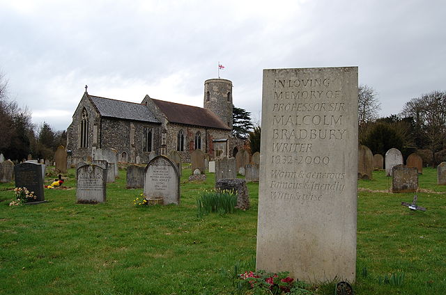 Malcolm Bradbury's grave at St Mary's Church, Tasburgh, Norfolk