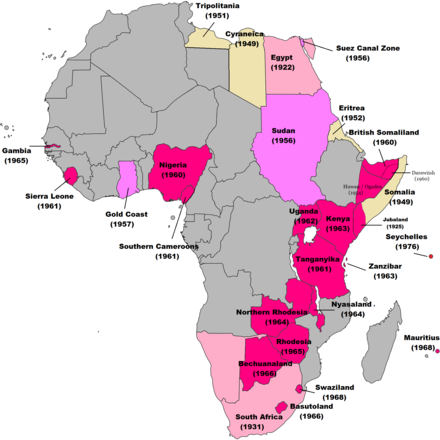 British decolonisation in Africa. By the end of the 1960s, all but Rhodesia (the future Zimbabwe) and the South African mandate of South West Africa (Namibia) had achieved recognised independence.