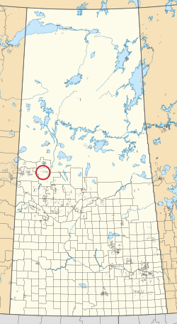 Peta provinsi Saskatchewan menampilkan 297 kota pedesaan dan ratusan kecil India cadangan. Salah satu yang disorot dengan lingkaran merah.
