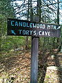 Housatonic Range CFPA Blue-Blazed Trail in New Milford. Housatonic Range Trail (AKA Candlewood Mtn Trail). "Candlewood Mtn to the right and Tory's Cave to tthe left" sign at intersection with Tory's Cave side trail.