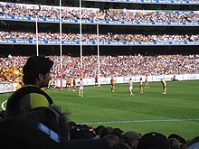 Cameron Mooney's close-range set shot at half time missed for a behind Cameron Mooney lines up for what to be another behind, 2008 AFL Grand Final.jpg