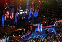 Kennedy spoke during the first night of the 2008 Democratic National Convention in Denver, Colorado, on August 25, 2008, introducing her uncle, Senator Ted Kennedy. Caroline Kennedy DNC 2008.jpg