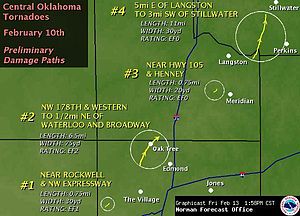 A map depicting the tracks, size and rating of four central Oklahoma tornadoes of February 10th. #1 Near Rockwell and NW Expressway was 0.75 miles (1.21 km) by 30 yards (27 m) rated EF1. #2 NW 178th and Western to 0.5 miles (0.80 km) NE of Waterloo and Broadway was 6.5 miles (10.5 km) by 75 yards (69 m) rated EF2. #3 Near highway 105 and Henney was .75 miles (1.21 km) by 20 yards (18 m) rated EF0. #4 5 miles E of Langston to 3 miles SW of Stillwater was 11 miles by 30 yards rated EF0. All four are roughly in line with #1 in the SW to #4 in the NE.