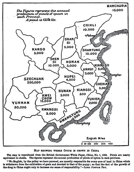 Map showing the amount of opium produced in China in 1908: The quote "We English, by the policy we have pursued, are morally responsible for every acre of land in China which is withdrawn from the cultivation of grain and devoted to that of the poppy; so that the fact of the growth of the drug in China ought only to increase our sense of responsibility." is by Lord Justice Fry.
