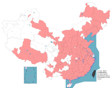 一张中国地图，部分城市涂成红色
