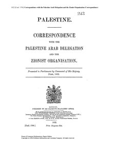 Front cover of the white paper Churchill White Paper Correspondence with the Palestine Arab Delegation and the Zionist Organisation. Presented to Parliament by Command of His Majesty June, 1922.djvu