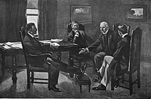 Theodore Roosevelt and J.P. Morgan have a meeting where they agree on a resolution for the strike. Coal strike a historic moment Harpers Weekly Anthracite Strike 1902 Roosevelt and Morgan making deal.jpg