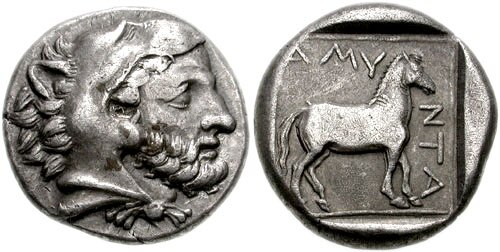 A silver stater of Amyntas III of Macedon (r. 393–370 BC)