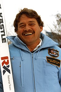 Then-president of the Australian Paralympic Federation, Ron Finneran, during the 1984 Winter Paralympics, held in Innsbruck, Austria Dd0184 - Innsbruck Winter Games, R. Finneran - 3b - scanned photo.jpg