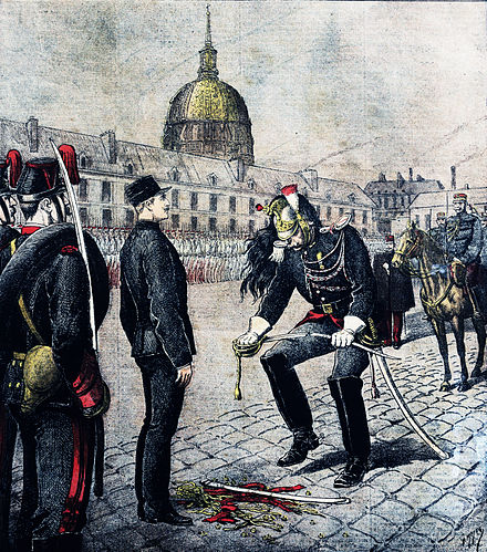 Dreyfus affair – Alfred Dreyfus being dishonorably discharged, 5 January 1895.