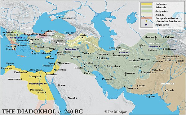 Hellenistic kingdoms as they existed in 240 BC, eight decades after the death of Alexander the Great