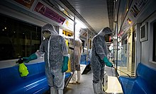 Disinfection of Tehran Metro trains against COVID-19 transmission. Similar measures have also been taken in other countries. Disinfection of Tehran subway wagons against coronavirus 2020-02-26 09.jpg
