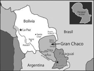 Боливия и Парагвай перед началом войны; светло-серым цветом выделена спорная территория Чако