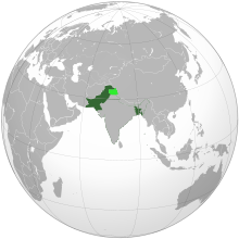 The Dominion of Pakistan in 1947, with East Bengal its eastern part Dominion of Pakistan & Indian Controlled Kashmir (orthographic projection).svg