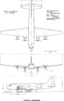 3-view line drawing of the Douglas R5D-2 Skymaster Douglas R5D-2 Skymaster 3-view line drawing.png