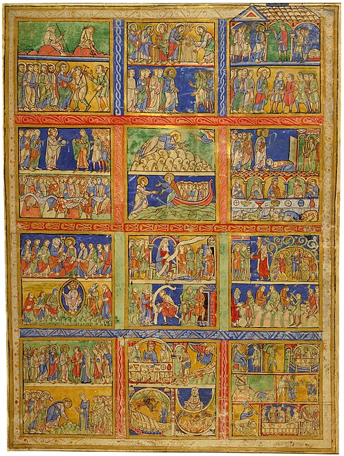 Eadwine Psalter, Morgan leaf M.521 (recto); mixed miracles and parables of Jesus. The last square has the story of the Prodigal Son in 8 scenes, the p