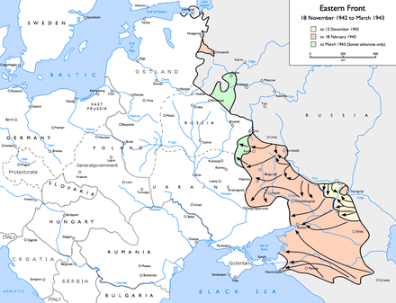 Soviet advances on the Eastern Front, 18 November 1942 to March 1943:   to 12 December 1942   to 18 February 1943   to March 1943 (Soviet gains only)