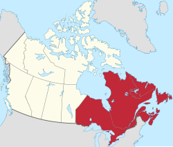 Eastern Canada (červená) ve zbytku Kanady (tan)